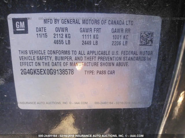 2G4GK5EX0G9138578 - 2016 BUICK REGAL BLACK photo 9