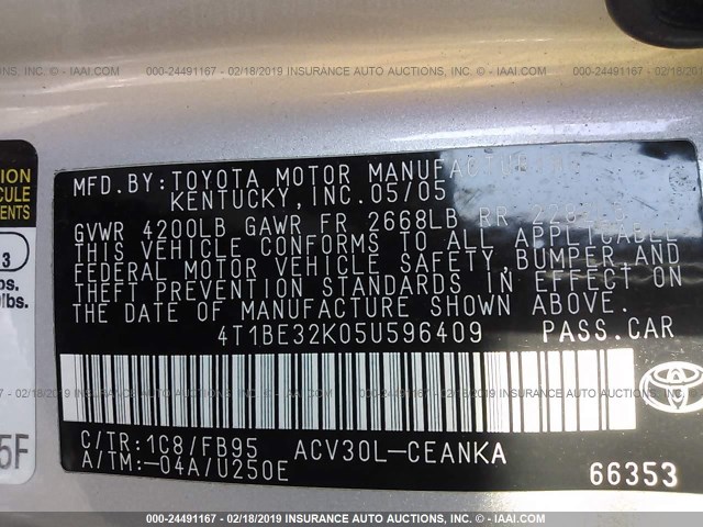 4T1BE32K05U596409 - 2005 TOYOTA CAMRY LE/XLE/SE SILVER photo 9