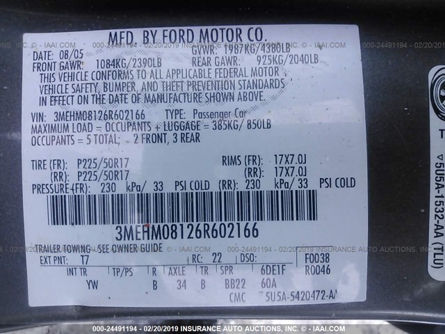 3MEHM08126R602166 - 2006 MERCURY MILAN PREMIER GRAY photo 9