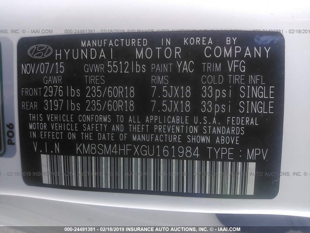 KM8SM4HFXGU161984 - 2016 HYUNDAI SANTA FE SE WHITE photo 9