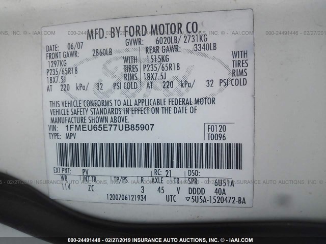 1FMEU65E77UB85907 - 2007 FORD EXPLORER LIMITED WHITE photo 9