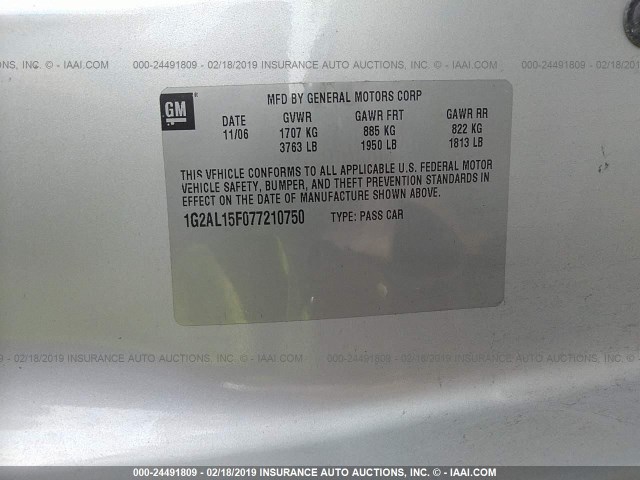1G2AL15F077210750 - 2007 PONTIAC G5 SILVER photo 9