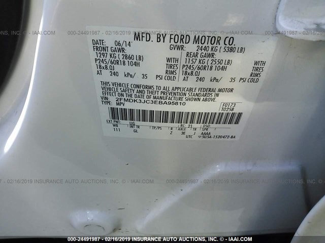 2FMDK3JC3EBA95810 - 2014 FORD EDGE SEL WHITE photo 9