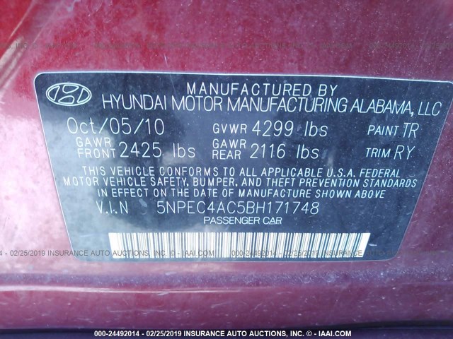 5NPEC4AC5BH171748 - 2011 HYUNDAI SONATA SE/LIMITED RED photo 9