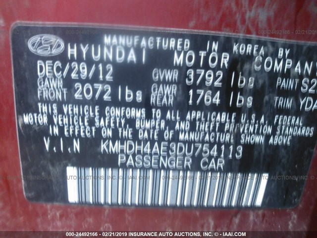 KMHDH4AE3DU754113 - 2013 HYUNDAI ELANTRA GLS/LIMITED BURGUNDY photo 9