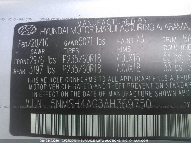 5NMSH4AG3AH369750 - 2010 HYUNDAI SANTA FE SE GRAY photo 9