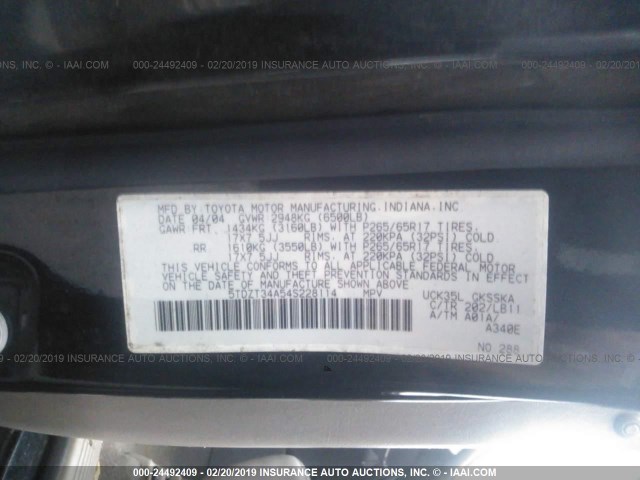 5TDZT34A54S228114 - 2004 TOYOTA SEQUOIA SR5 BLACK photo 9