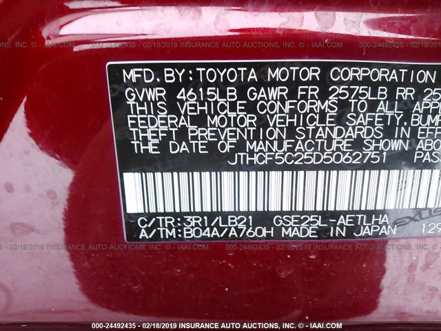 JTHCF5C25D5062751 - 2013 LEXUS IS 250 RED photo 9