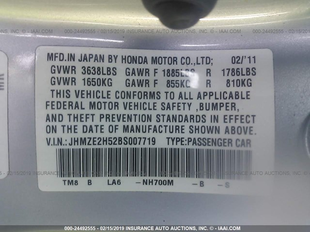 JHMZE2H52BS007719 - 2011 HONDA INSIGHT LX SILVER photo 9