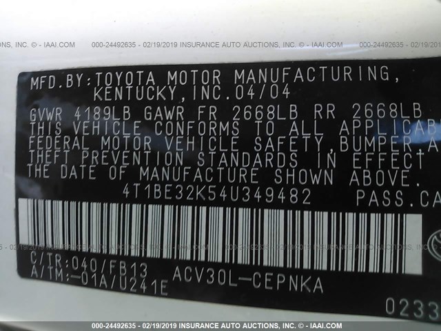 4T1BE32K54U349482 - 2004 TOYOTA CAMRY LE/XLE/SE WHITE photo 9