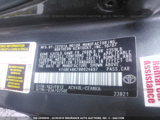 4T4BE46K78R024697 - 2008 TOYOTA CAMRY CE/LE/XLE/SE GRAY photo 9