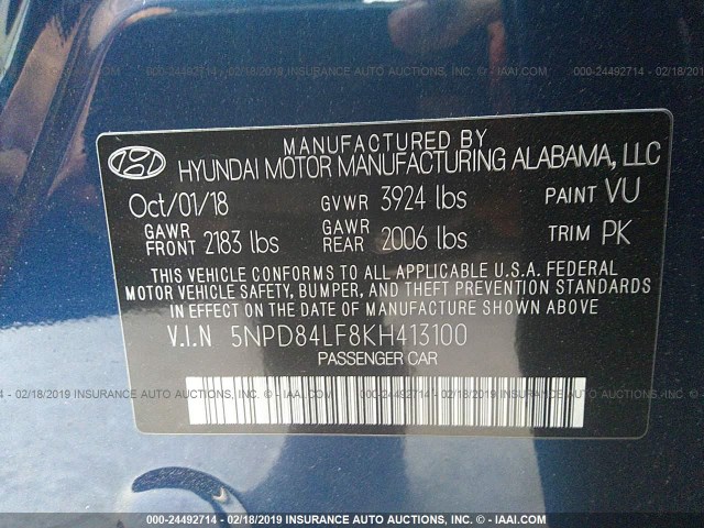 5NPD84LF8KH413100 - 2019 HYUNDAI ELANTRA SEL/VALUE/LIMITED BLUE photo 9