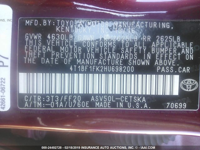 4T1BF1FK2HU698200 - 2017 TOYOTA CAMRY LE/XLE/SE/XSE RED photo 9