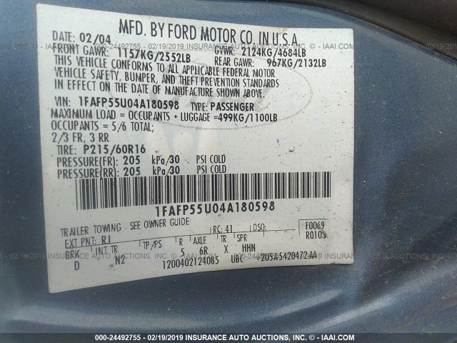 1FAFP55U04A180598 - 2004 FORD TAURUS SES BLUE photo 9