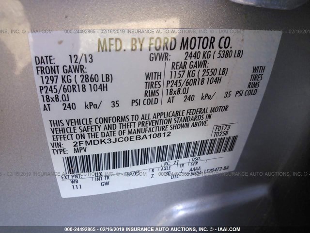 2FMDK3JC0EBA10812 - 2014 FORD EDGE SEL SILVER photo 9