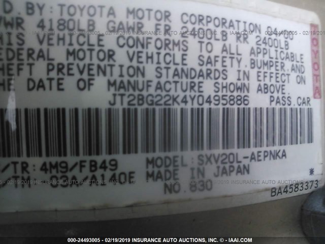 JT2BG22K4Y0495886 - 2000 TOYOTA CAMRY CE/LE/XLE BEIGE photo 9