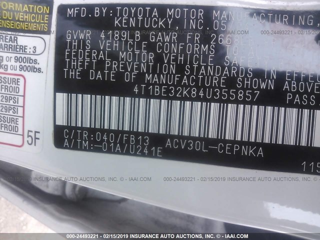4T1BE32K84U355857 - 2004 TOYOTA CAMRY LE/XLE/SE WHITE photo 9