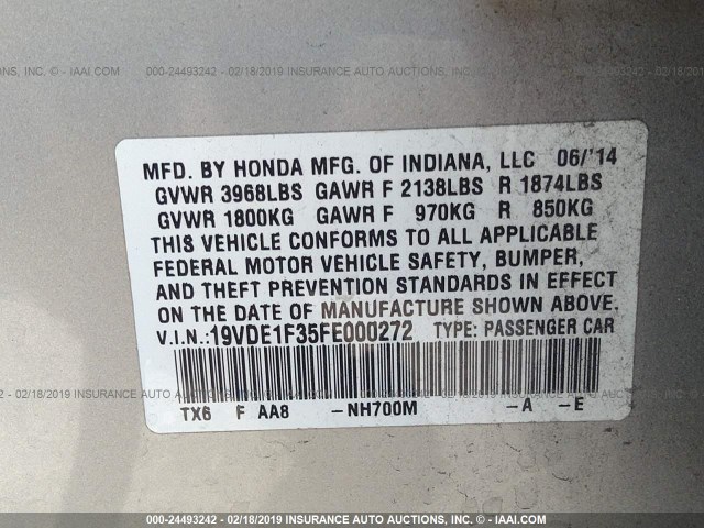 19VDE1F35FE000272 - 2015 ACURA ILX 20 SILVER photo 9