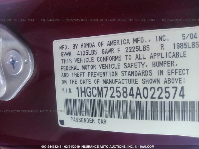 1HGCM72584A022574 - 2004 HONDA ACCORD EX RED photo 9