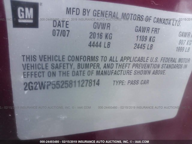 2G2WP552581127814 - 2008 PONTIAC GRAND PRIX MAROON photo 9