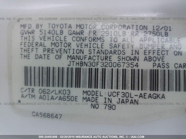 JTHBN30F320067354 - 2002 LEXUS LS 430 WHITE photo 9