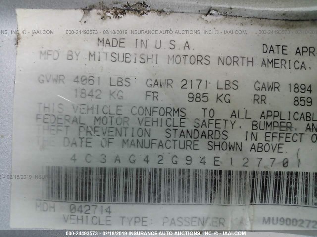 4C3AG42G94E127701 - 2004 CHRYSLER SEBRING LX SILVER photo 9