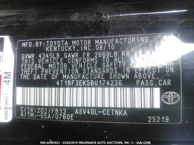 4T1BF3EK5BU174236 - 2011 TOYOTA CAMRY SE/LE/XLE BLACK photo 9