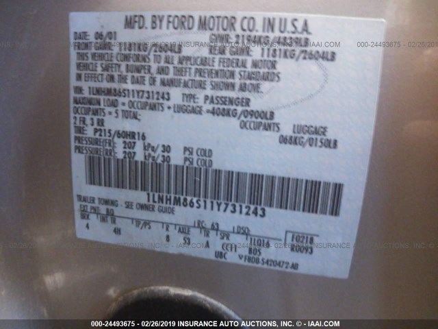 1LNHM86S11Y731243 - 2001 LINCOLN LS GOLD photo 9