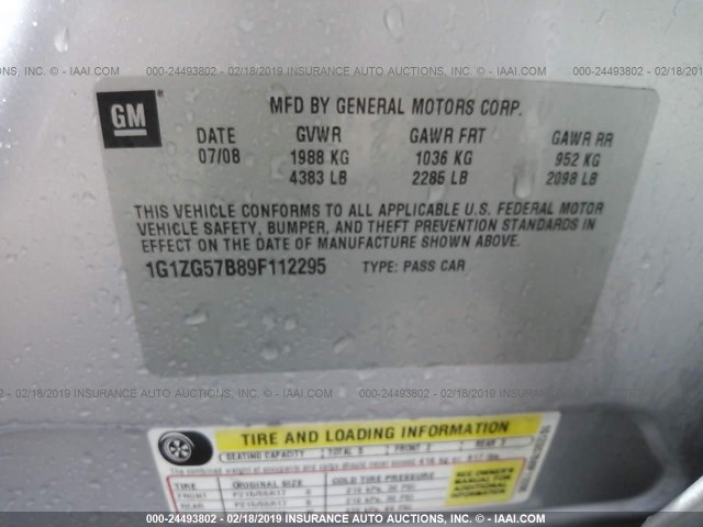 1G1ZG57B89F112295 - 2009 CHEVROLET MALIBU LS SILVER photo 9