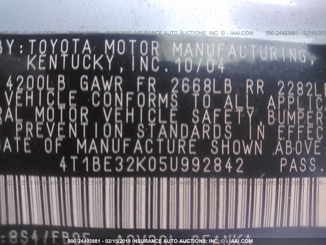 4T1BE32K05U992842 - 2005 TOYOTA CAMRY LE/XLE/SE BLUE photo 9