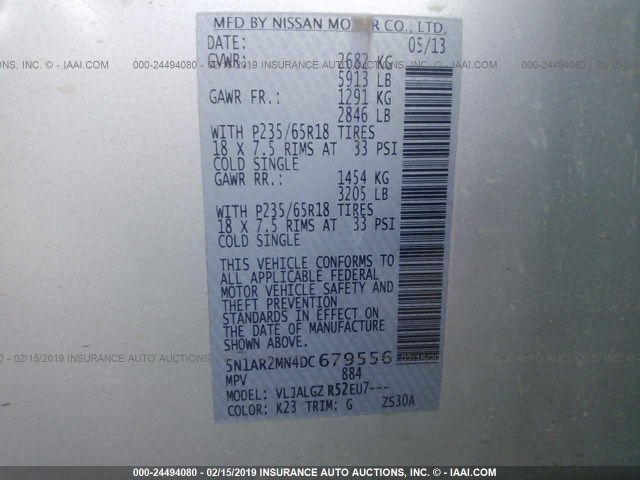 5N1AR2MN4DC679556 - 2013 NISSAN PATHFINDER S/SV/SL/PLATINUM SILVER photo 9