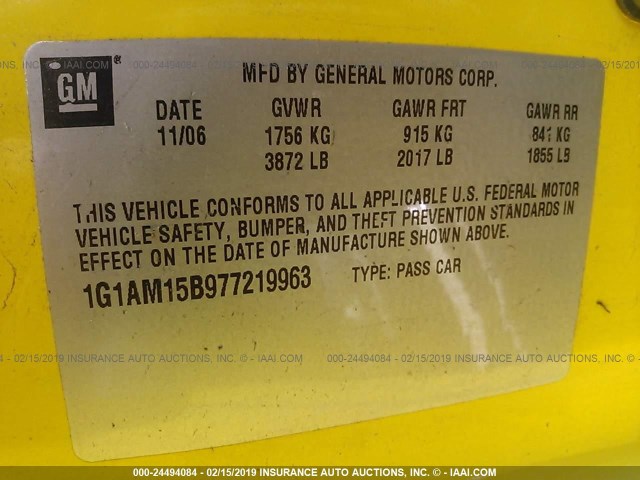 1G1AM15B977219963 - 2007 CHEVROLET COBALT SS YELLOW photo 9