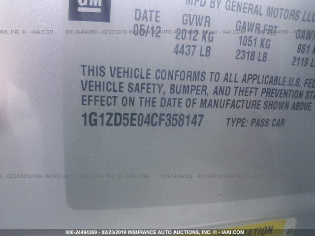 1G1ZD5E04CF358147 - 2012 CHEVROLET MALIBU 2LT SILVER photo 9