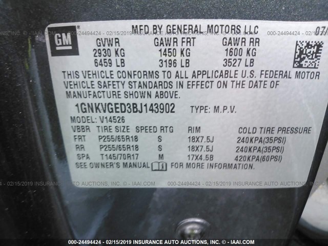 1GNKVGED3BJ143902 - 2011 CHEVROLET TRAVERSE LT GRAY photo 9