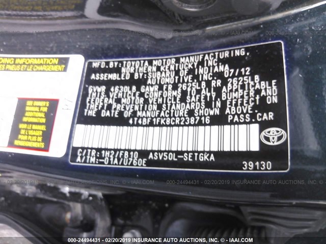 4T4BF1FK8CR238716 - 2012 TOYOTA CAMRY SE/LE/XLE BLACK photo 9