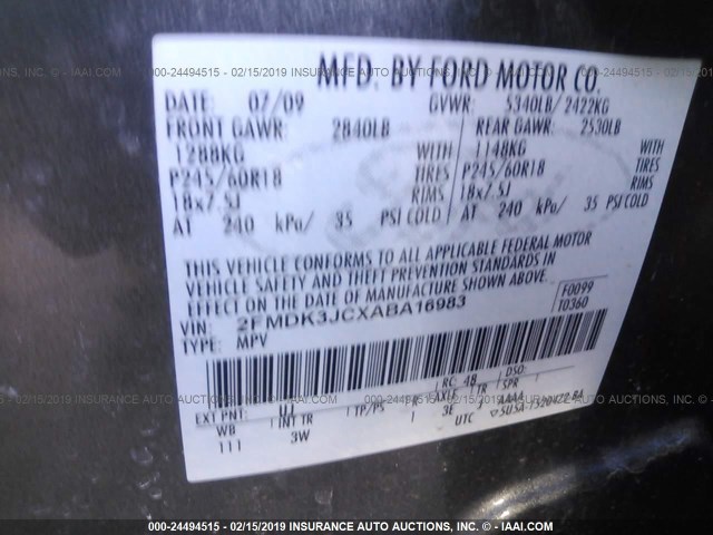 2FMDK3JCXABA16983 - 2010 FORD EDGE SEL GRAY photo 9