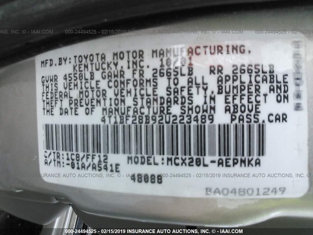 4T1BF28B92U223489 - 2002 TOYOTA AVALON XL/XLS SILVER photo 9