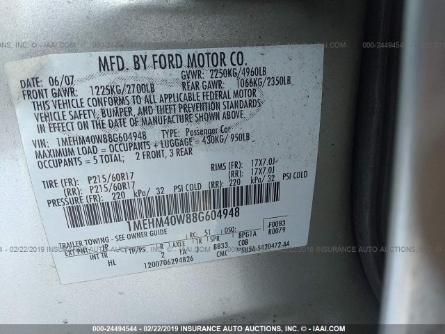 1MEHM40W88G604948 - 2008 MERCURY SABLE LUXURY SILVER photo 9