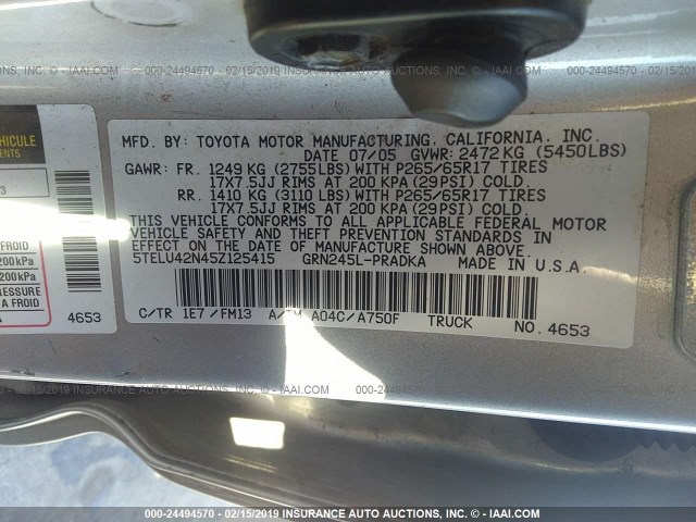 5TELU42N45Z125415 - 2005 TOYOTA TACOMA DOUBLE CAB 银色 照片 9