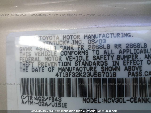 4T1BF32K23U567018 - 2003 TOYOTA CAMRY LE/XLE/SE GOLD photo 9