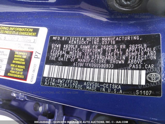 4T1BF1FK0GU590933 - 2016 TOYOTA CAMRY LE/XLE/SE/XSE BLUE photo 9