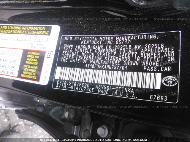 4T1BF1FK4HU797701 - 2017 TOYOTA CAMRY LE/XLE/SE/XSE BLACK photo 9