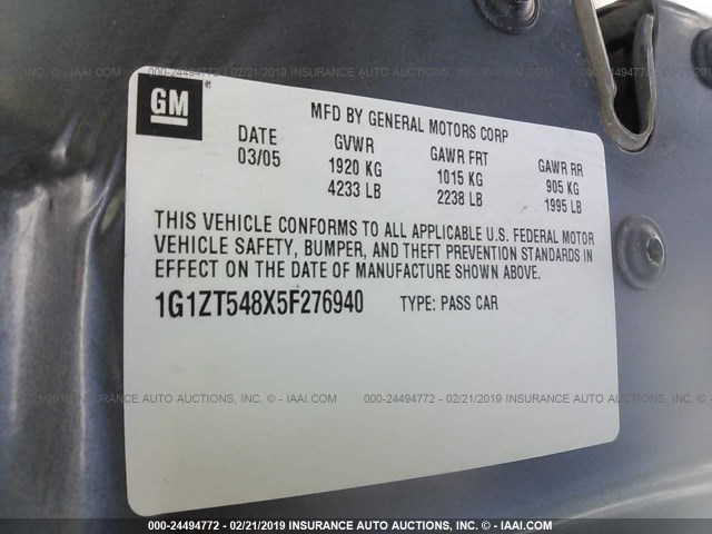 1G1ZT548X5F276940 - 2005 CHEVROLET MALIBU LS GRAY photo 9