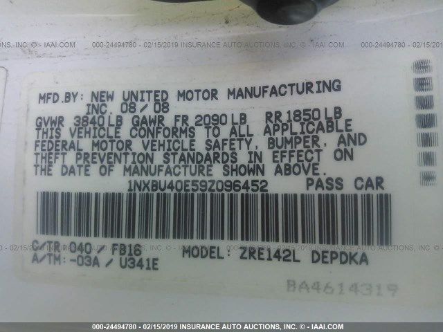 1NXBU40E59Z096452 - 2009 TOYOTA COROLLA S/LE/XLE WHITE photo 9