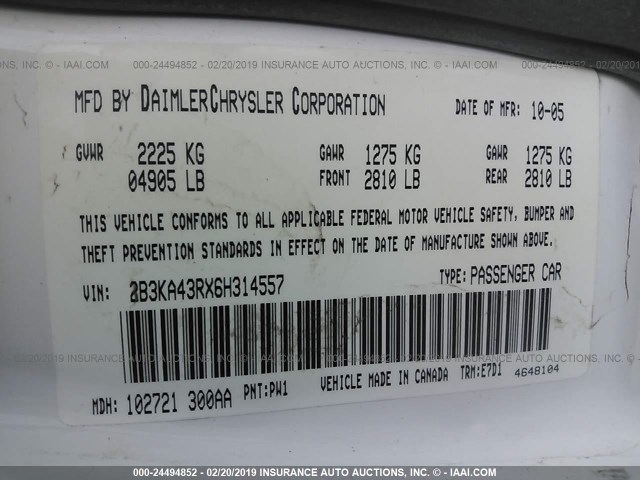 2B3KA43RX6H314557 - 2006 DODGE CHARGER SE/SXT WHITE photo 9