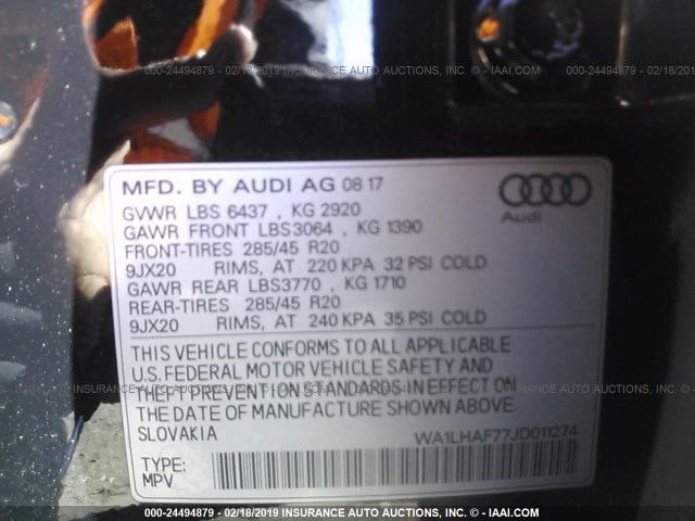 WA1LHAF77JD011274 - 2018 AUDI Q7 PREMIUM PLUS BLACK photo 9