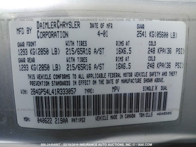 2B4GP54L41R333057 - 2001 DODGE GRAND CARAVAN ES SILVER photo 9