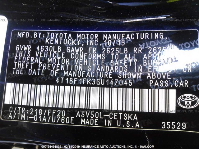 4T1BF1FK3GU147045 - 2016 TOYOTA CAMRY LE/XLE/SE/XSE ლურჯი ფოტო 9