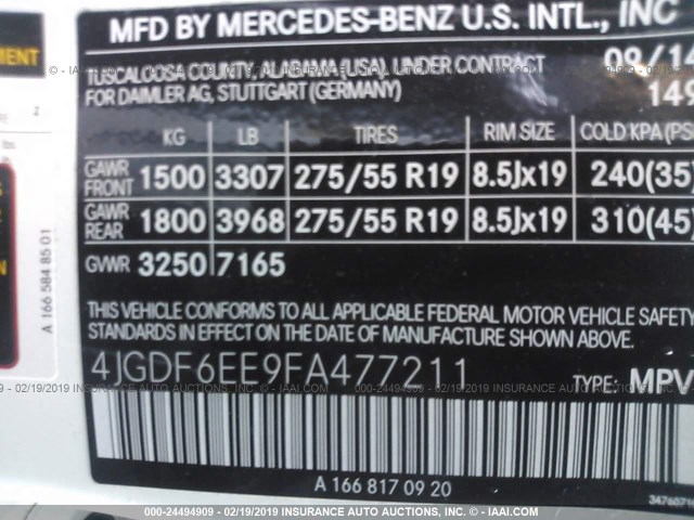 4JGDF6EE9FA477211 - 2015 MERCEDES-BENZ GL 450 4MATIC WHITE photo 9