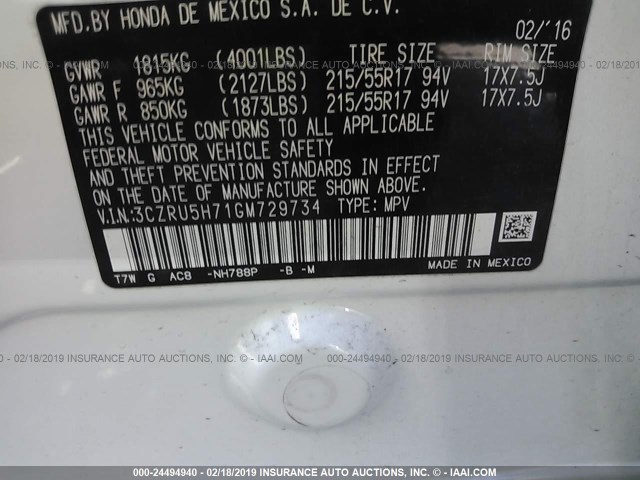 3CZRU5H71GM729734 - 2016 HONDA HR-V EXL WHITE photo 9